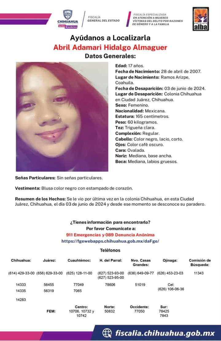 SE VIO POR ÚLTIMA VEZ EN LA COLONIA&nbsp;CHIHUAHUA