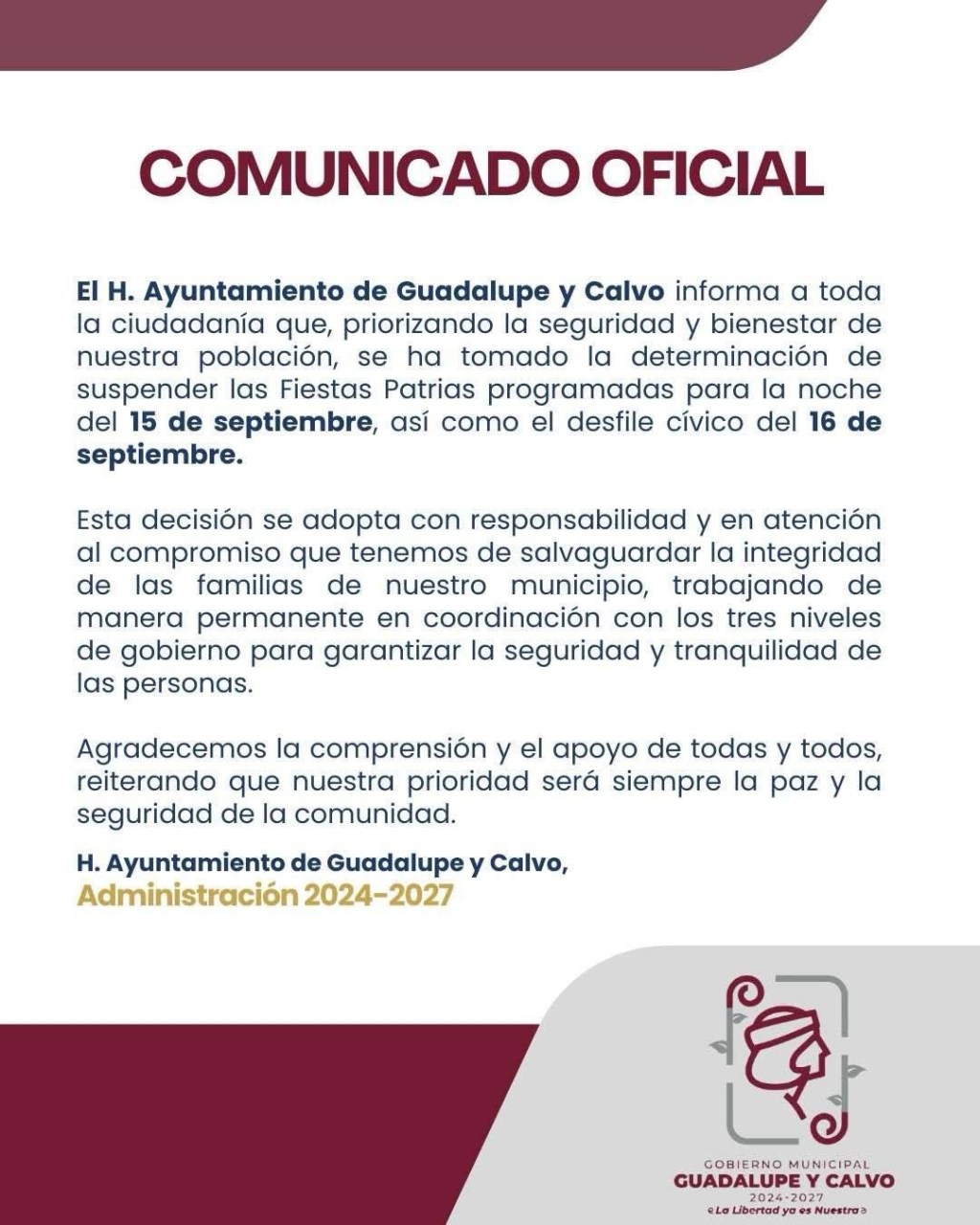 CANCELAN FIESTAS PATRIAS EN GUADALUPE Y&nbsp;CALVO