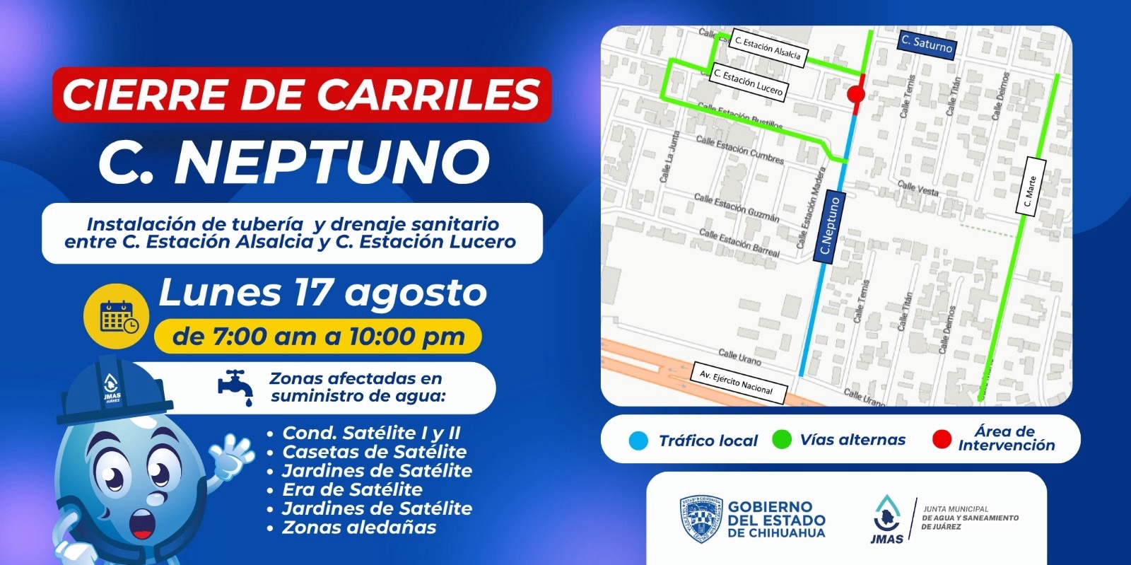 JMAS CERRARÁ CALLE NEPTUNO POR TRABAJOS DE AGUA Y DRENAJE